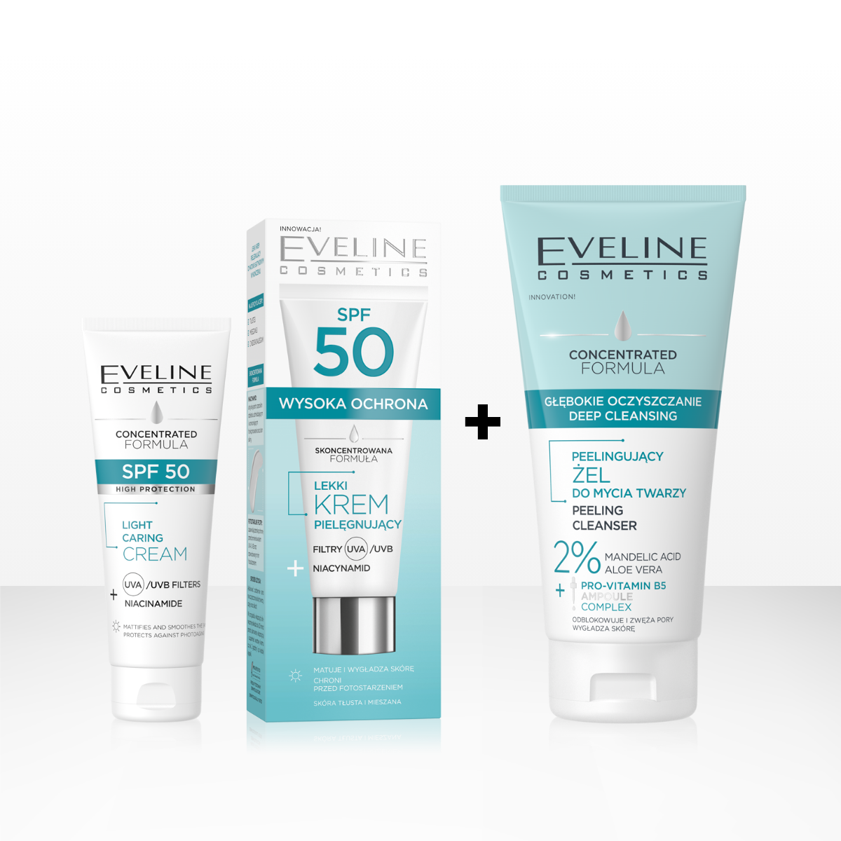 Eveline Cosmetics - Zestaw Pielęgnacyjny duet: peelingujący żel + krem SPF 50